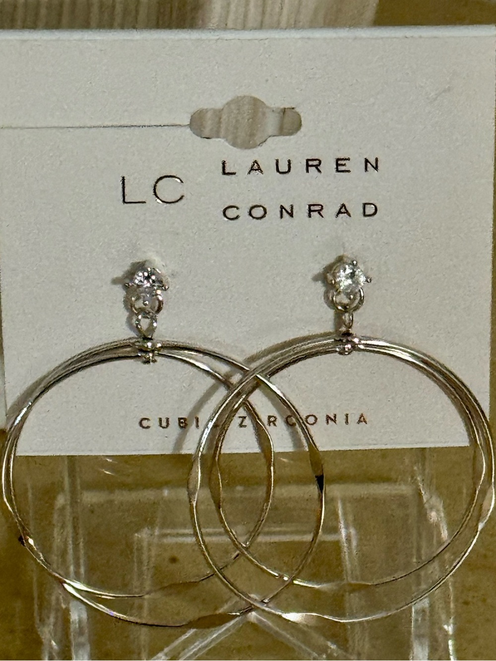 LC Lauren Conrad Silver Double Hoop Earrings with CZ Studs NEW